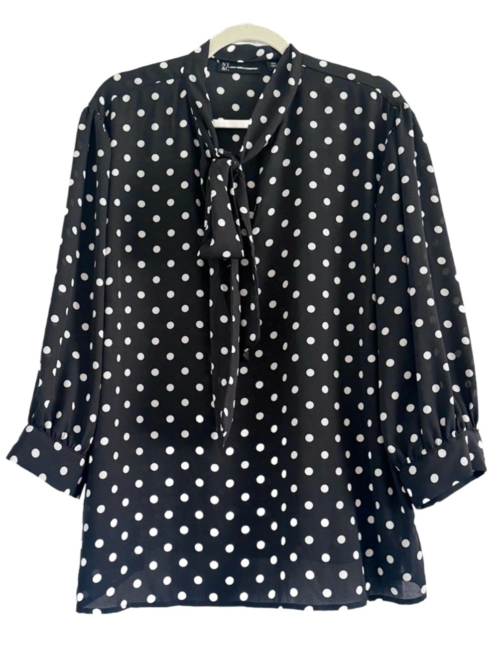 New York & Company Black and White Polka Dot Tie-Neck Blouse XXL - Picture 8 of 8